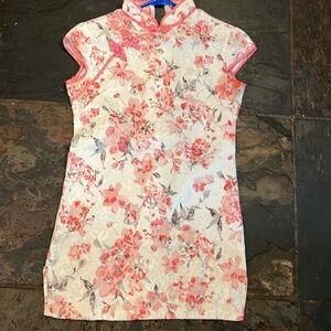 Asian short dress pink peach floral MANDARIN Chinese gray shiny flower small S